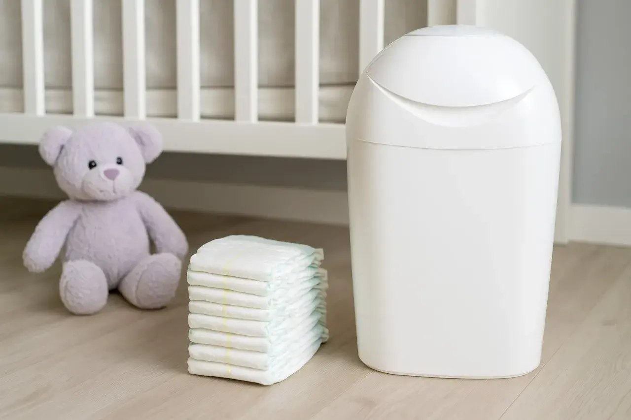 Biały kosz na pieluchy Tommee Tippee Sangenic, stos pieluch i fioletowy miś obok łóżeczka dziecięcego.