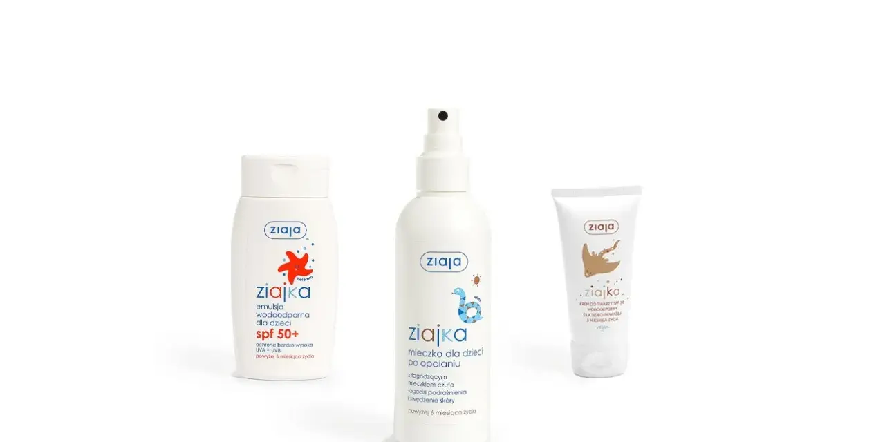 Zestaw kosmetyków Ziajka: emulsja SPF 50+, mleczko po opalaniu i krem do twarzy. Idealne dla dzieci, zapewniające ochronę i pielęgnację.
