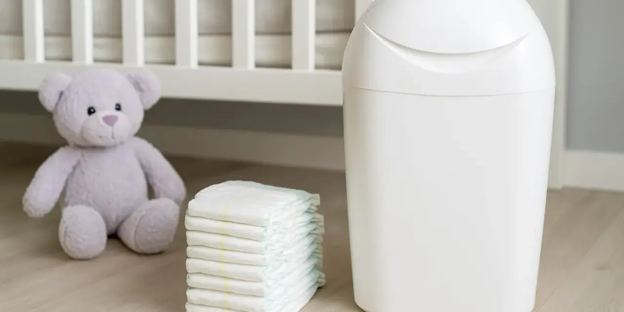 Biały kosz na pieluchy Tommee Tippee Sangenic, stos pieluch i fioletowy miś obok łóżeczka dziecięcego.