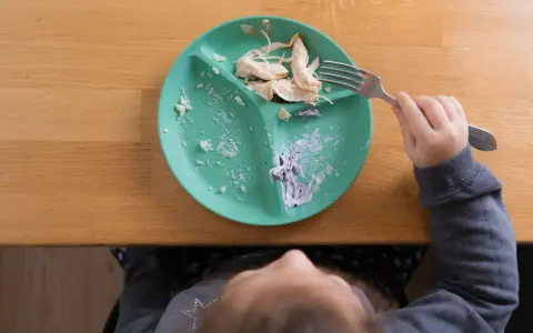 Dziecko je kurczaka z talerza babyono z przyssawką. Resztki jedzenia na talerzu i widoczna rączka z widelcem.