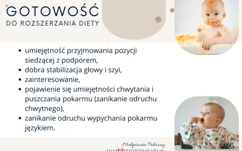 Kiedy dziecko może siedzieć z podparciem? Wskazówki: stabilna głowa, zainteresowanie jedzeniem, zanik odruchu wypychania językiem.
