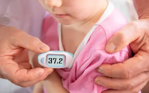 Dziecko ma 37.2°C. Czy można kąpać dziecko ze stanem podgorączkowym? Rodzic mierzy temperaturę.