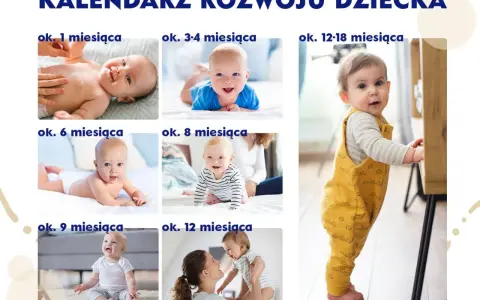 Kolaż zdjęć dzieci w różnym wieku, od niemowlaka do raczkującego malucha, ilustrujący rozwój.
