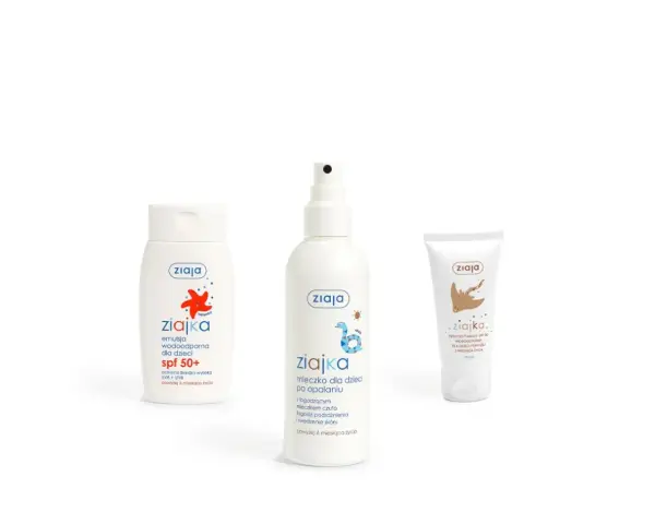 Zestaw kosmetyków Ziajka: emulsja SPF 50+, mleczko po opalaniu i krem do twarzy. Idealne dla dzieci, zapewniające ochronę i pielęgnację.