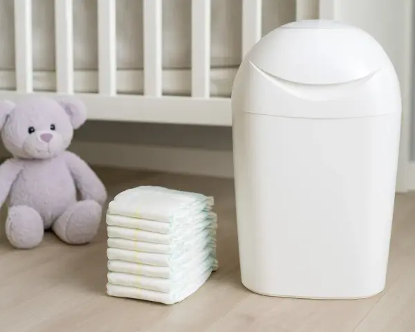 Biały kosz na pieluchy Tommee Tippee Sangenic, stos pieluch i fioletowy miś obok łóżeczka dziecięcego.