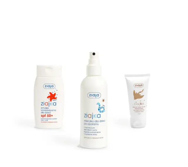 Zestaw kosmetyków Ziajka: emulsja SPF 50+, mleczko po opalaniu i krem do twarzy. Idealne dla dzieci, zapewniające ochronę i pielęgnację.