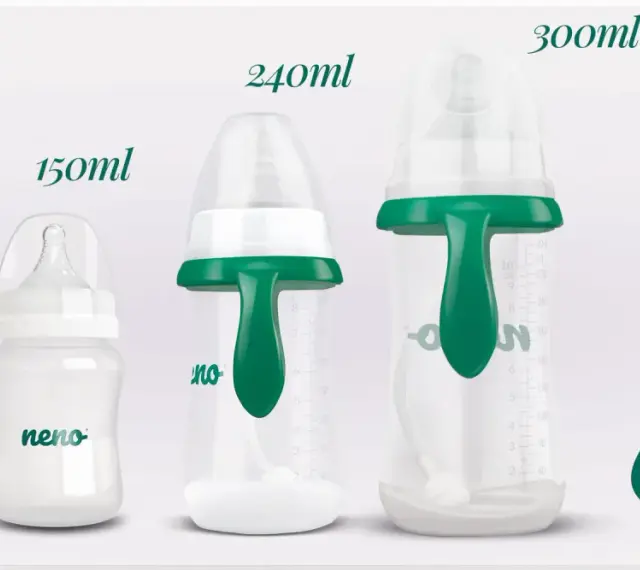 Trzy butelki na mleko dla niemowląt o pojemności 150ml, 240ml i 300ml, z zielonymi uchwytami i oznaczeniem BPA free.