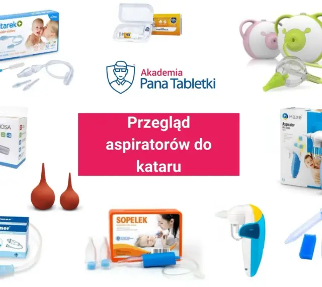 Różne modele aspiratorów elektrycznych do nosa dla niemowląt, pomagające w walce z katarem.