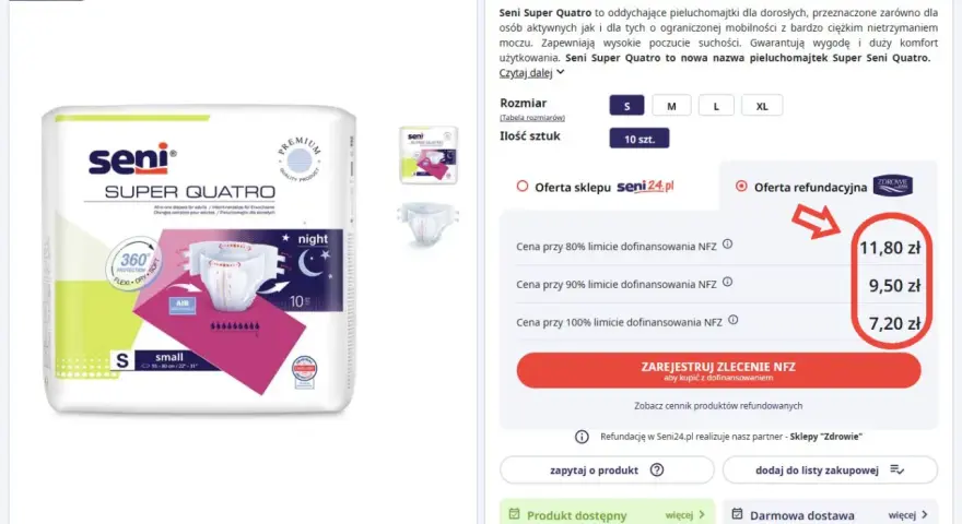 Pieluchomajtki Seni Super Quatro w rozmiarze S, opakowanie zawiera 10 sztuk. Cena z refundacją NFZ 100% to 7,20 zł.