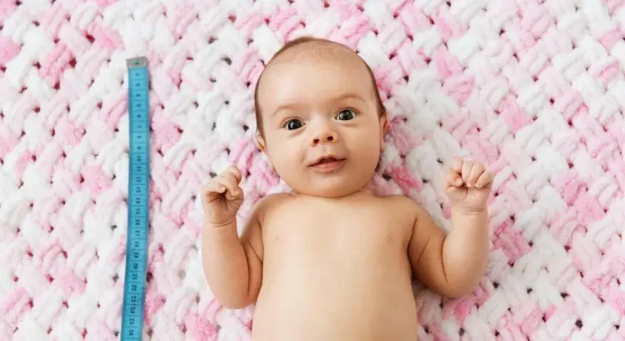 Niebieska miarka obok niemowlaka pokazuje, ile cm rośnie dziecko. Uroczy maluch leży na różowo-białym kocyku.