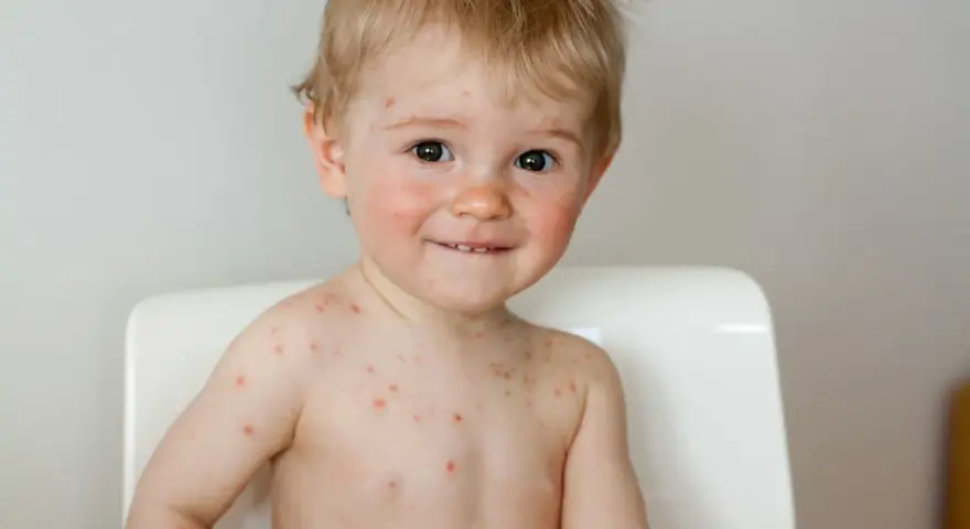 Uśmiechnięty maluch z ospą, który już niedługo wróci do przedszkola.