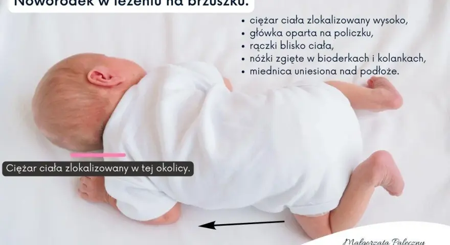 Noworodek na brzuszku. To czas dla brzuszka, gdy ciężar ciała jest wysoko, a nóżki zgięte. Maluch ćwiczy mięśnie.