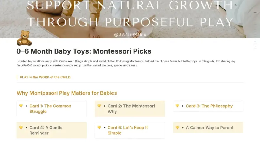 Uroczy miś obok nagłówka "0-6 Month Baby Toys: Montessori Picks". Artykuł o zabawki tiny love i rozwoju dziecka.