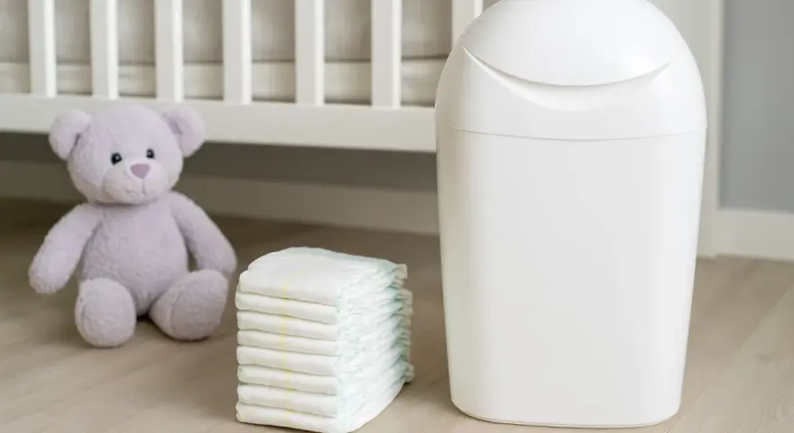 Biały kosz na pampersy Angelcare obok stosu pieluch i pluszowego misia, gotowy do utrzymania czystości w pokoju dziecka.