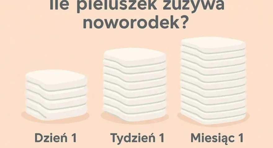 Ile dziecko zużywa pampersów dziennie? Ilustracja pokazuje stosy pieluszek na Dzień 1, Tydzień 1 i Miesiąc 1, wizualizując zużycie.