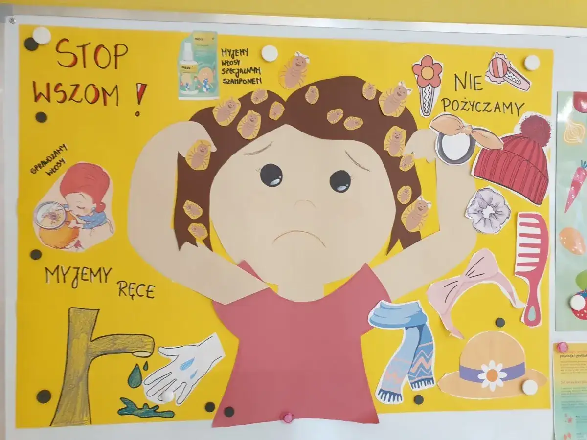 Plakat informuje, że z owsikami nie można iść do przedszkola. Podkreśla higienę, mycie rąk i włosów, a także zakaz pożyczania przedmiotów.