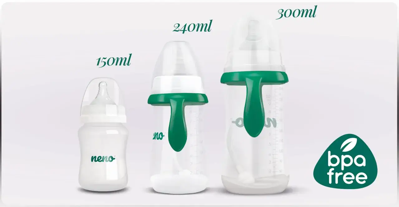 Butelki Neno z zielonym uchwytem i smoczkiem przypominającym pierś. Dostępne w rozmiarach 150ml, 240ml i 300ml. BPA free.