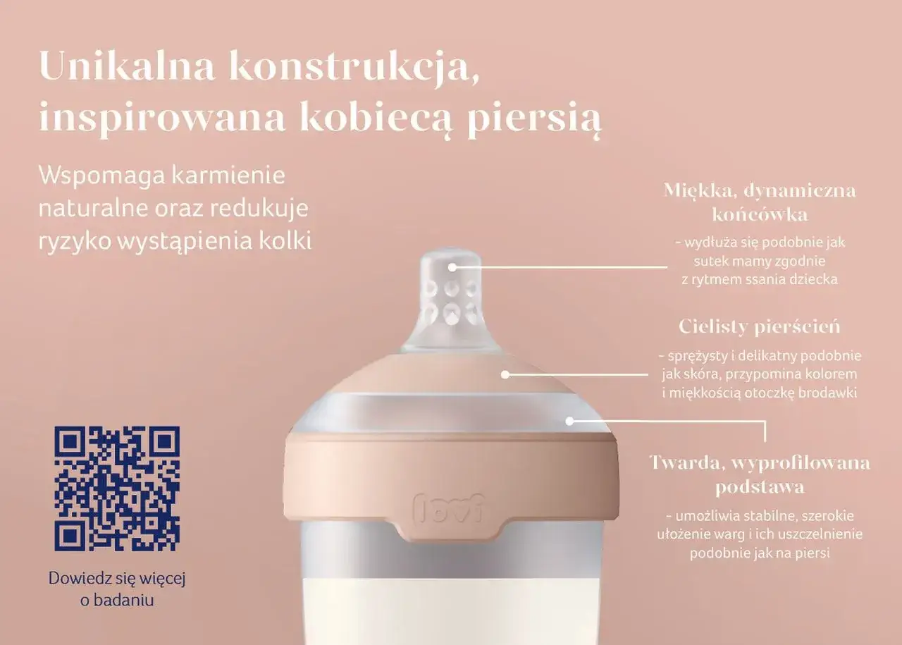 Butelka do karmienia Lovi z unikalną, inspirowaną piersią konstrukcją. Miękka końcówka i cielisty pierścień naśladują naturalne karmienie.