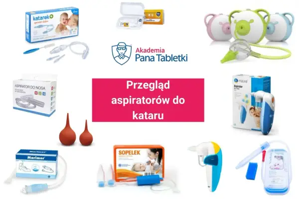 Różne modele aspiratorów elektrycznych do nosa dla niemowląt, pomagające w walce z katarem.