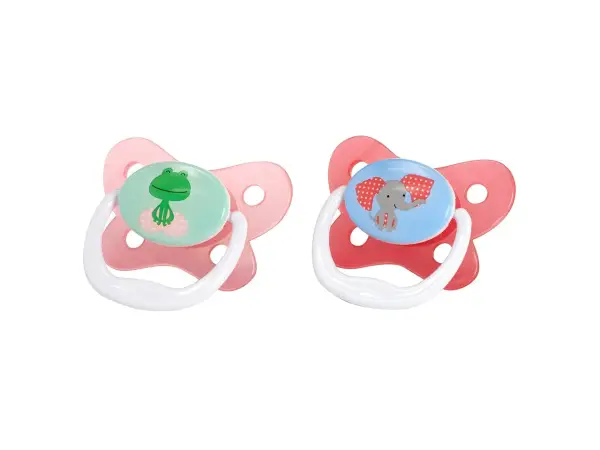 Dwa smoczki ortodontyczne Dr. Brown's: jeden z żabką na zielonym tle, drugi ze słonikiem na niebieskim.