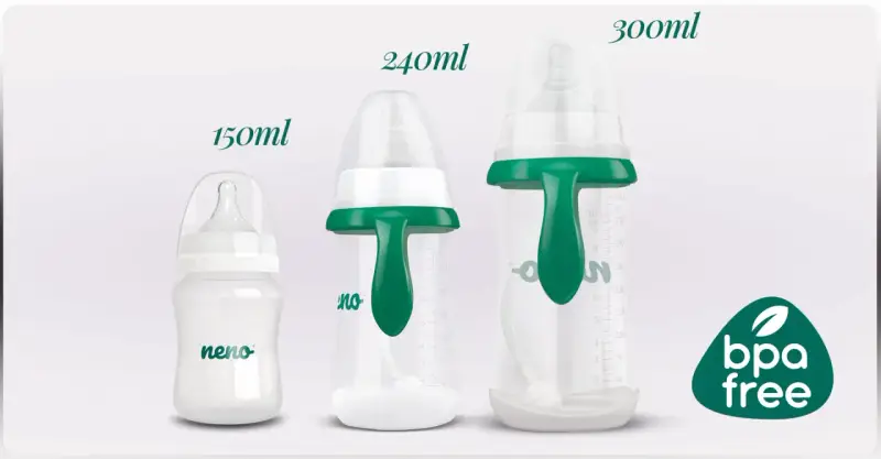 Trzy butelki na mleko dla niemowląt o pojemności 150ml, 240ml i 300ml, z zielonymi uchwytami i oznaczeniem BPA free.